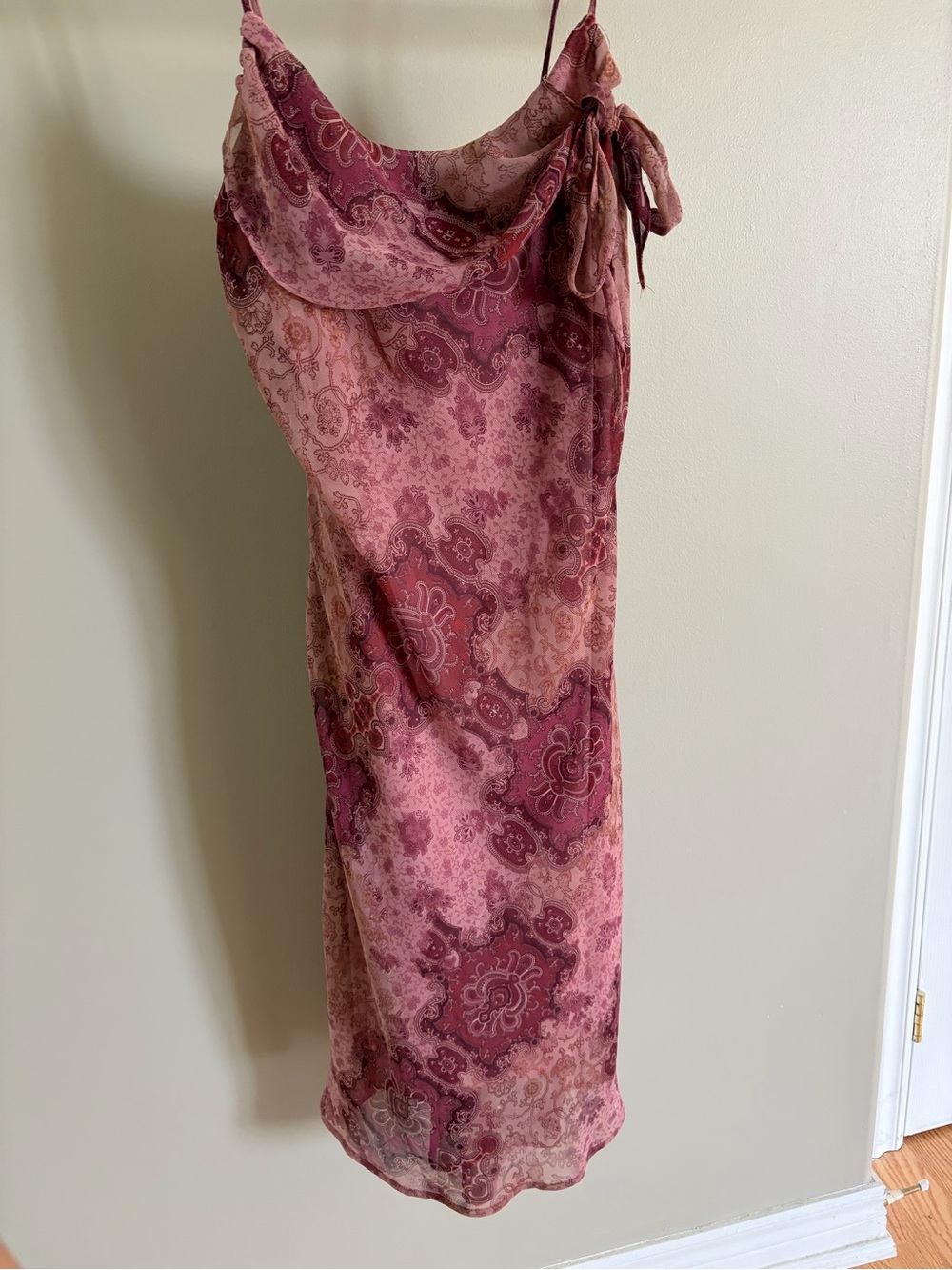 Y2K midi cowl neck fairy dress in purple burgundy paisley print